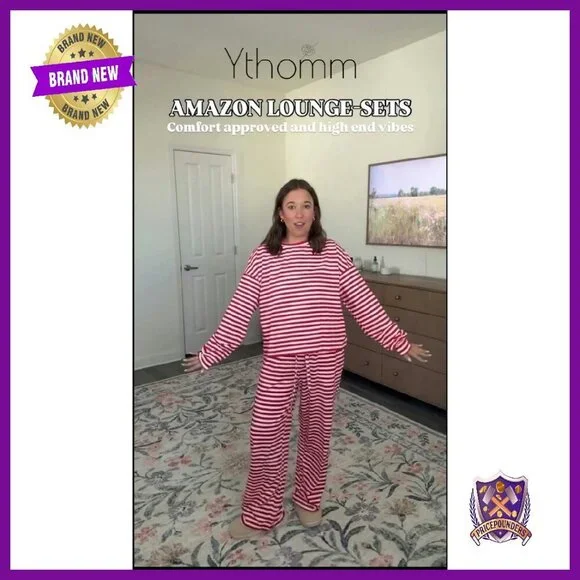 Striped Cotton Lounge Set Long Sleeve Tee Wide Leg Pants Size M - Picture 8 of 8